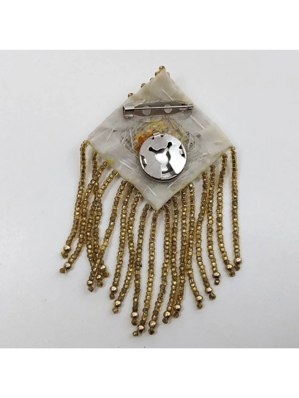 Artisan Made Vintage Beaded Rhinestone Dangling Brooch Fringe Gold Silver
